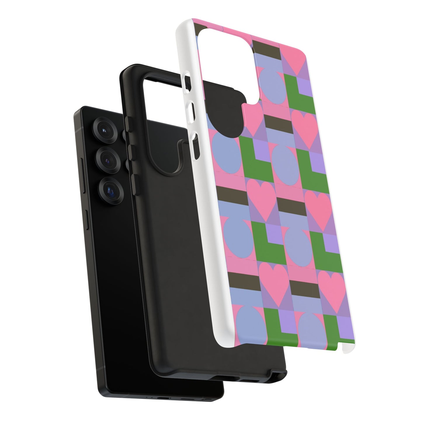 Geometric Heart Pattern Tough Phone Case — Pink & Lavender Protective Cover