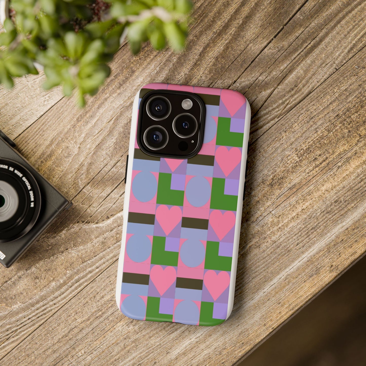 Geometric Heart Pattern Tough Phone Case — Pink & Lavender Protective Cover