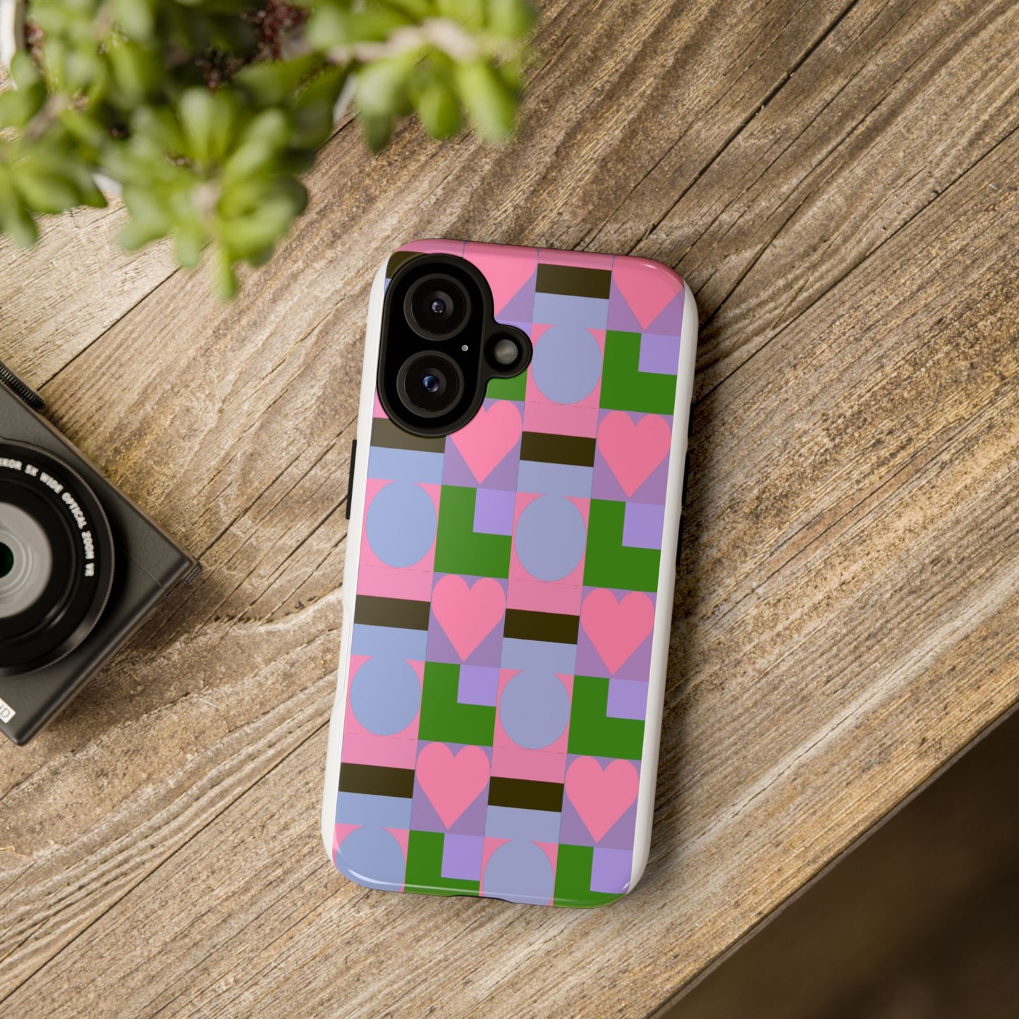 Geometric Heart Pattern Tough Phone Case — Pink & Lavender Protective Cover