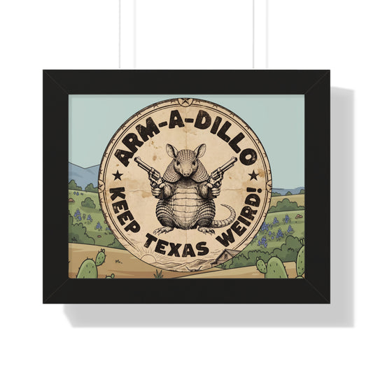 Framed 14x11 Armadillo Art Poster - "Arm-a-Dillo Keep Texas Weird" Vintage Texan Wall Art - Armed Armadillo  Whimsical Gift