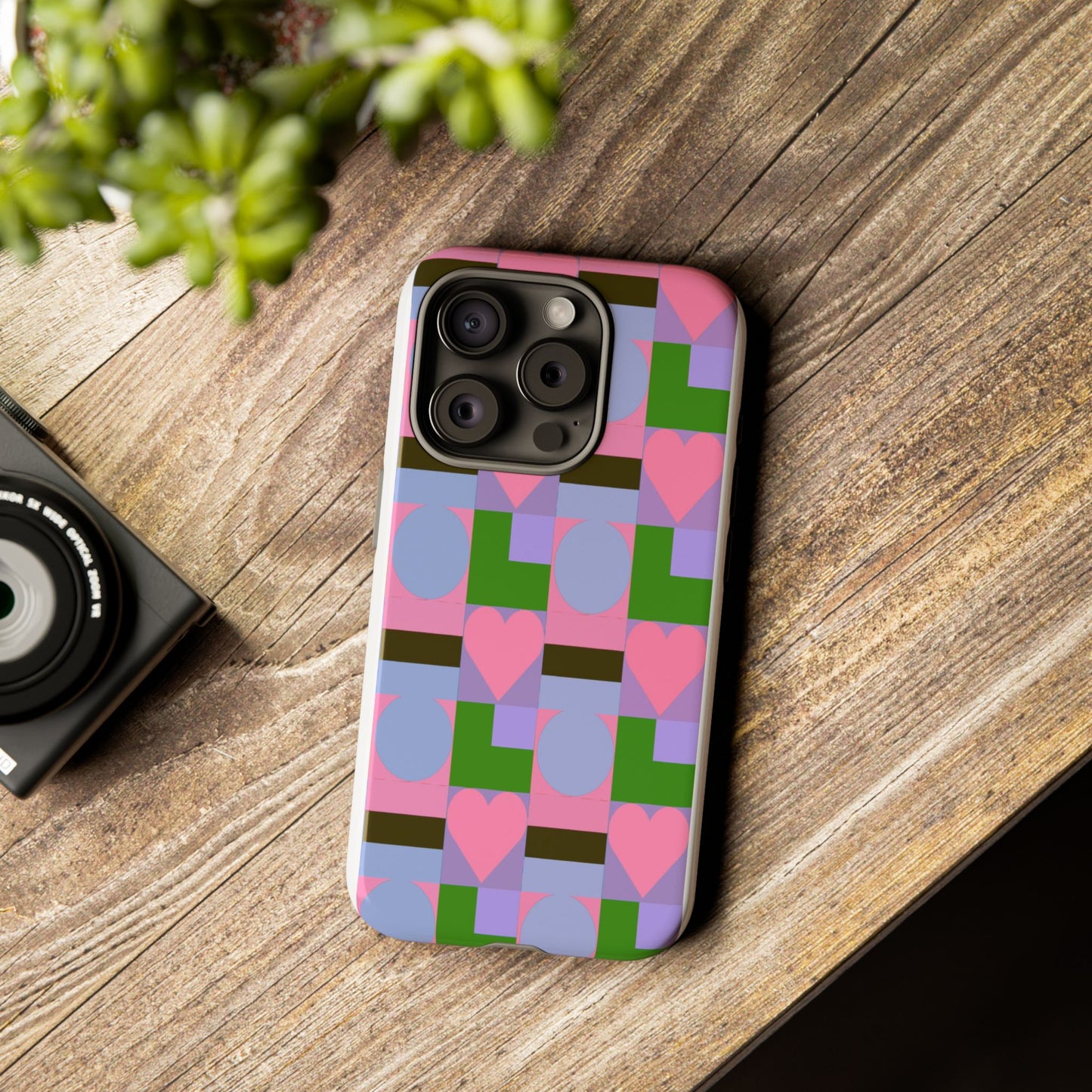 Geometric Heart Pattern Tough Phone Case — Pink & Lavender Protective Cover