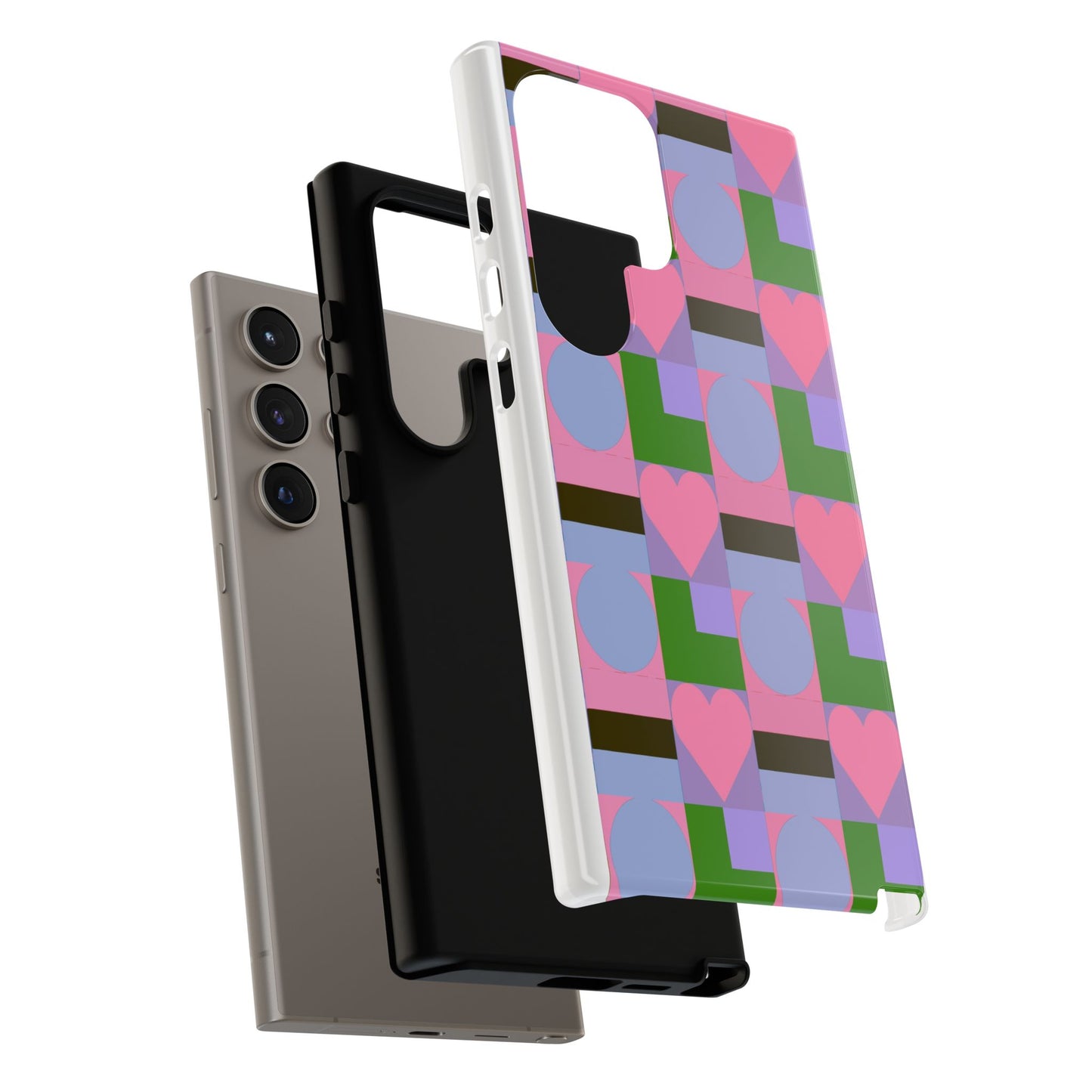 Geometric Heart Pattern Tough Phone Case — Pink & Lavender Protective Cover