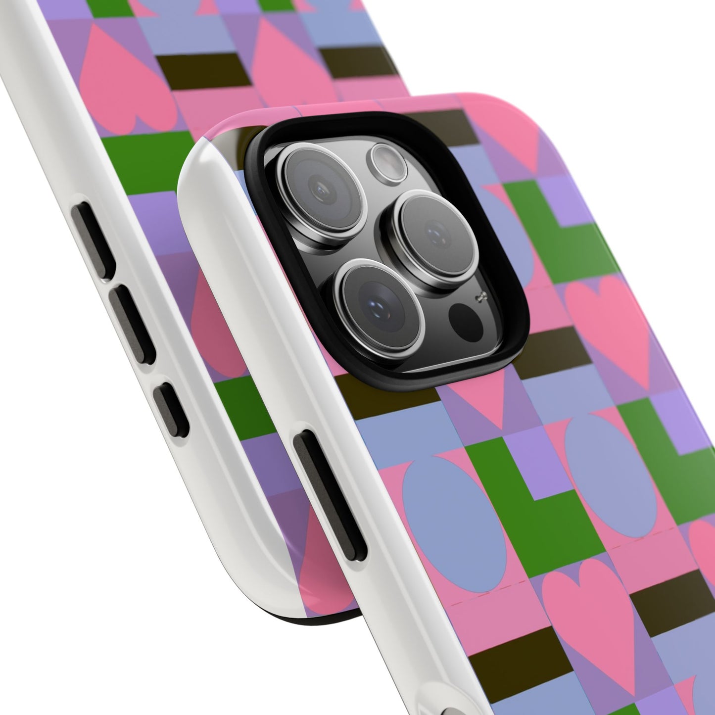 Geometric Heart Pattern Tough Phone Case — Pink & Lavender Protective Cover