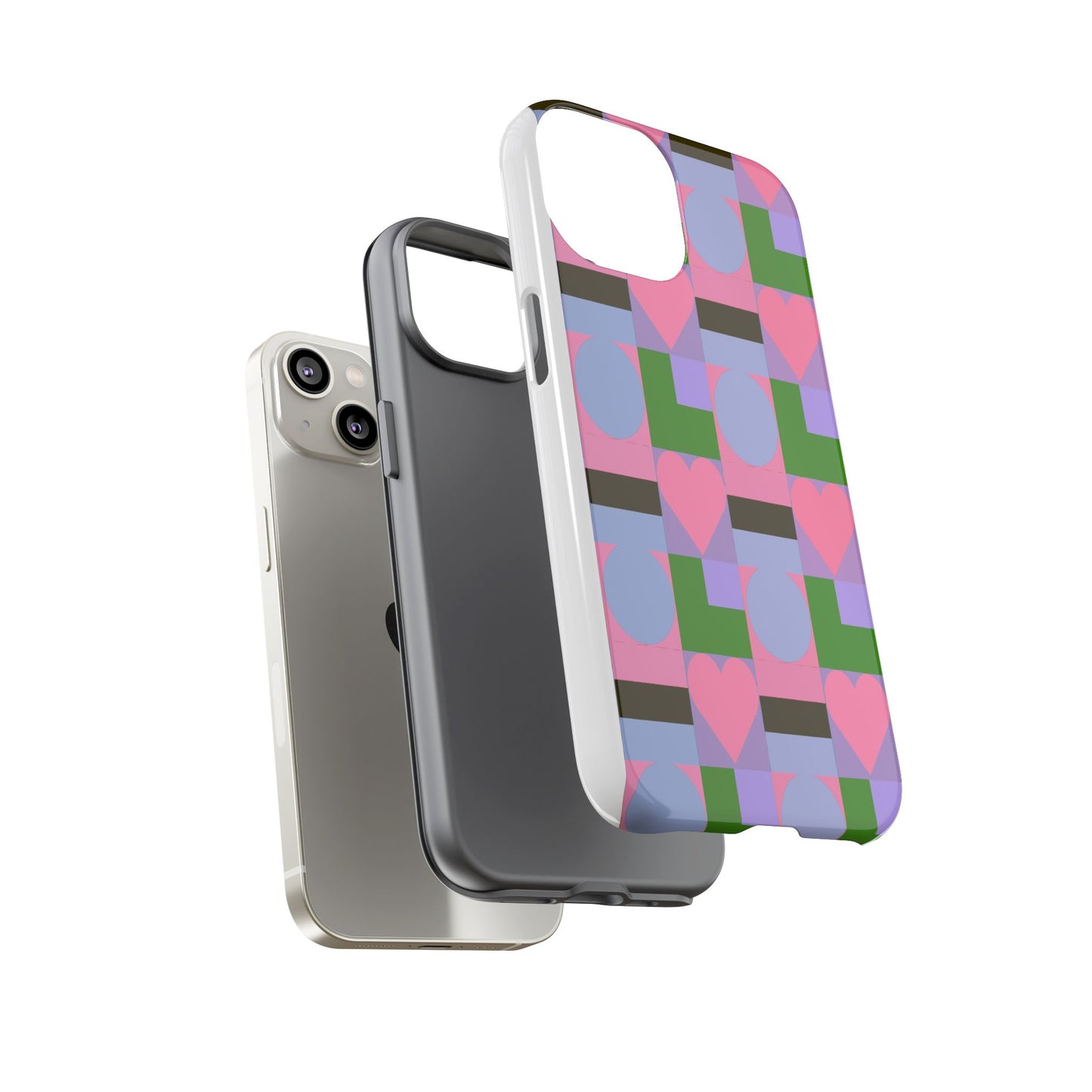Geometric Heart Pattern Tough Phone Case — Pink & Lavender Protective Cover