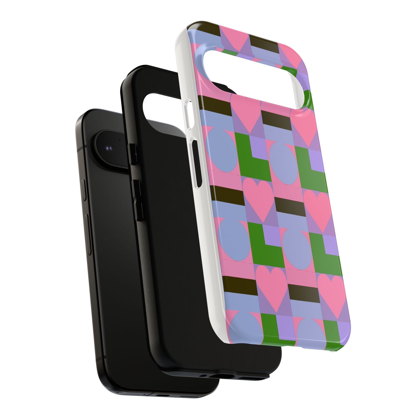 Geometric Heart Pattern Tough Phone Case — Pink & Lavender Protective Cover