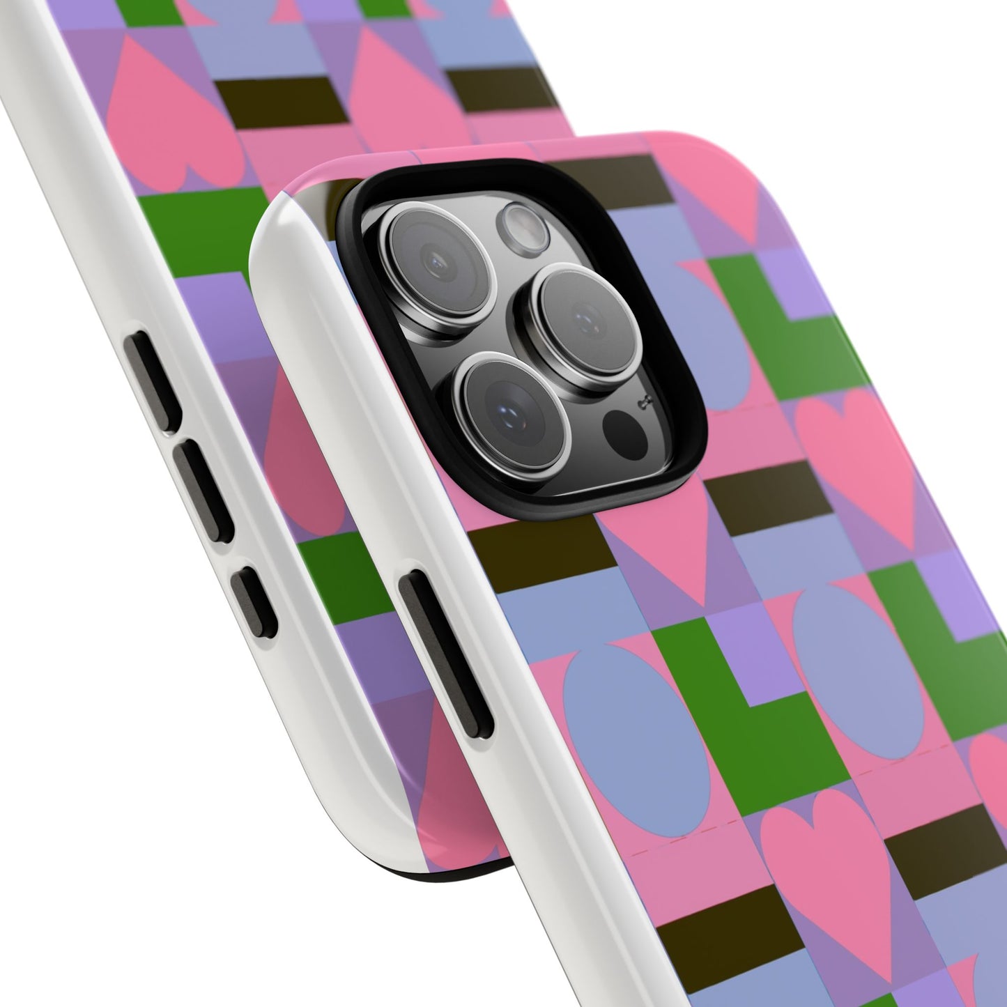 Geometric Heart Pattern Tough Phone Case — Pink & Lavender Protective Cover