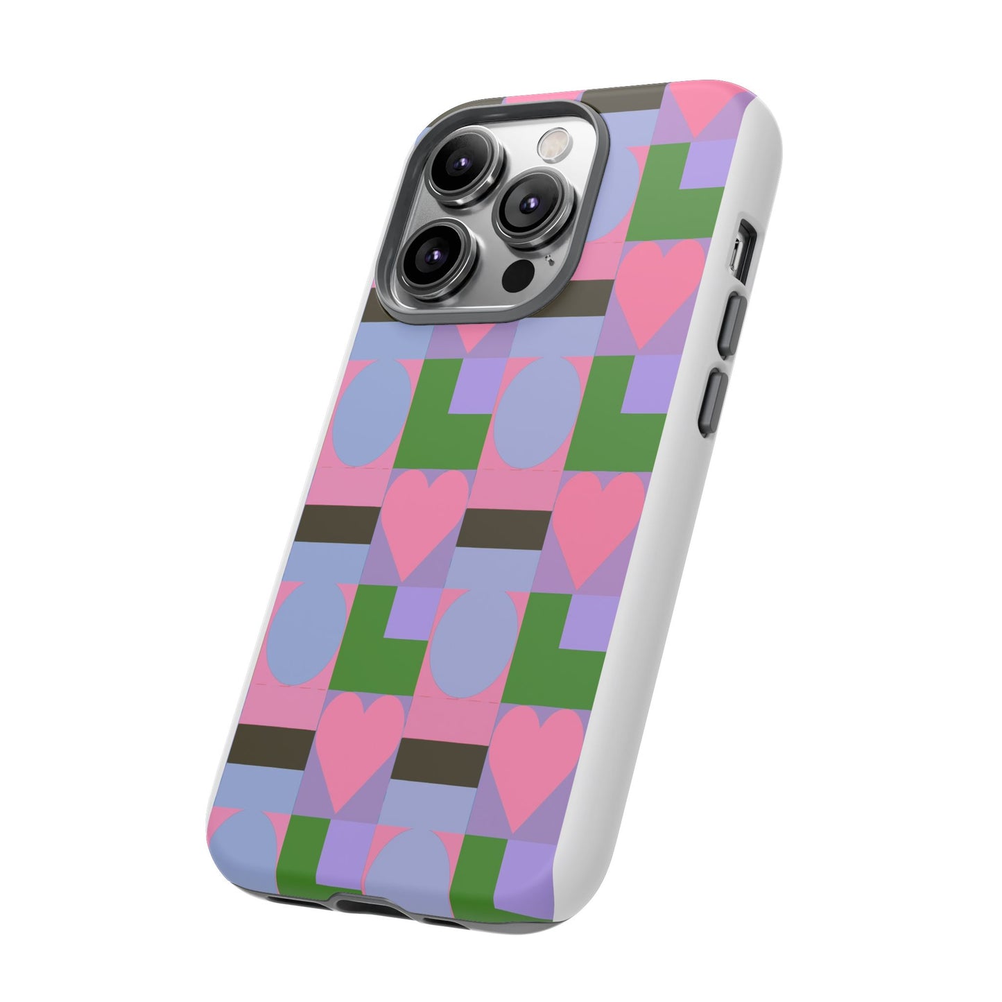 Geometric Heart Pattern Tough Phone Case — Pink & Lavender Protective Cover