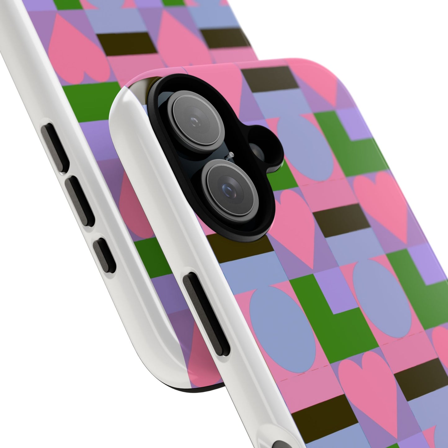 Geometric Heart Pattern Tough Phone Case — Pink & Lavender Protective Cover