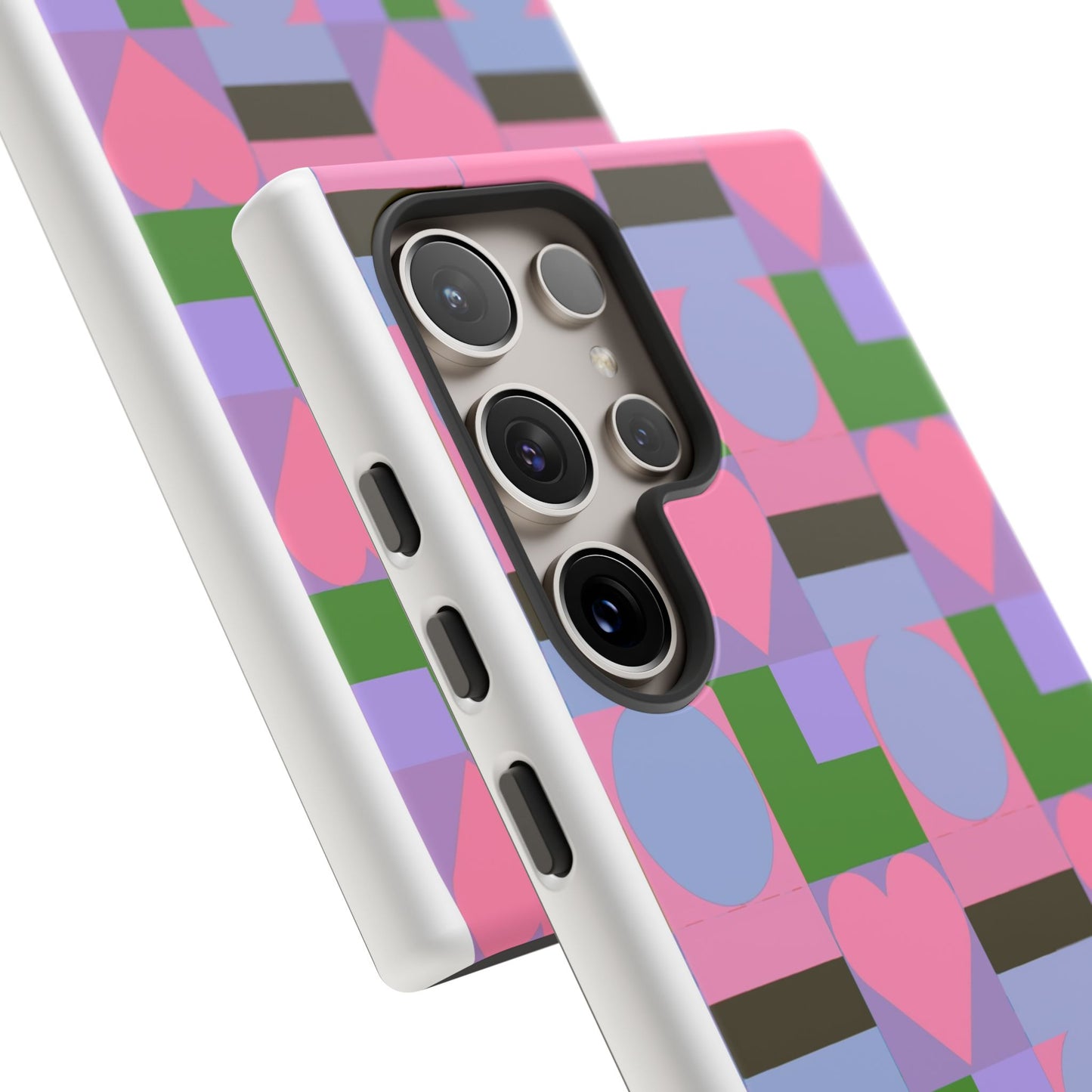 Geometric Heart Pattern Tough Phone Case — Pink & Lavender Protective Cover