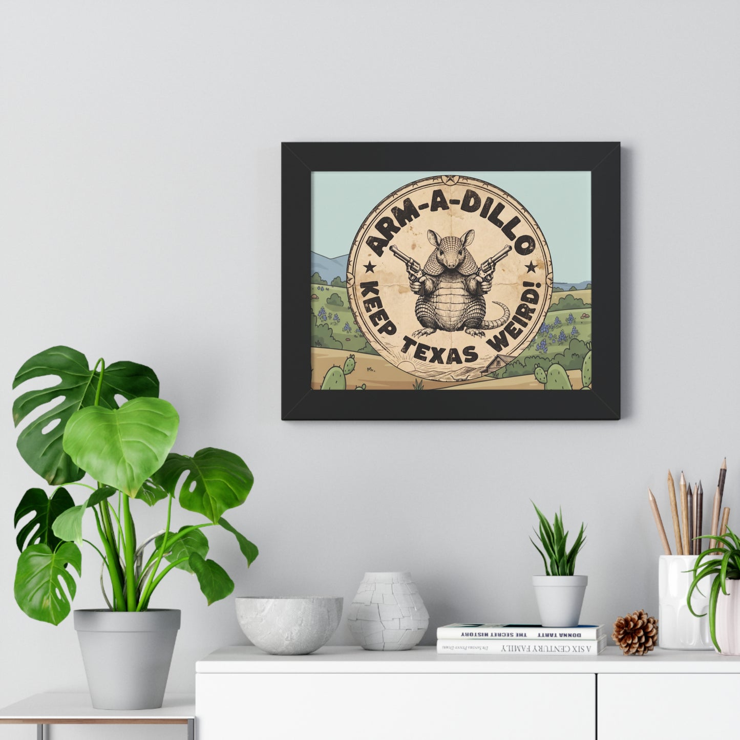 Framed 14x11 Armadillo Art Poster - "Arm-a-Dillo Keep Texas Weird" Vintage Texan Wall Art - Armed Armadillo  Whimsical Gift