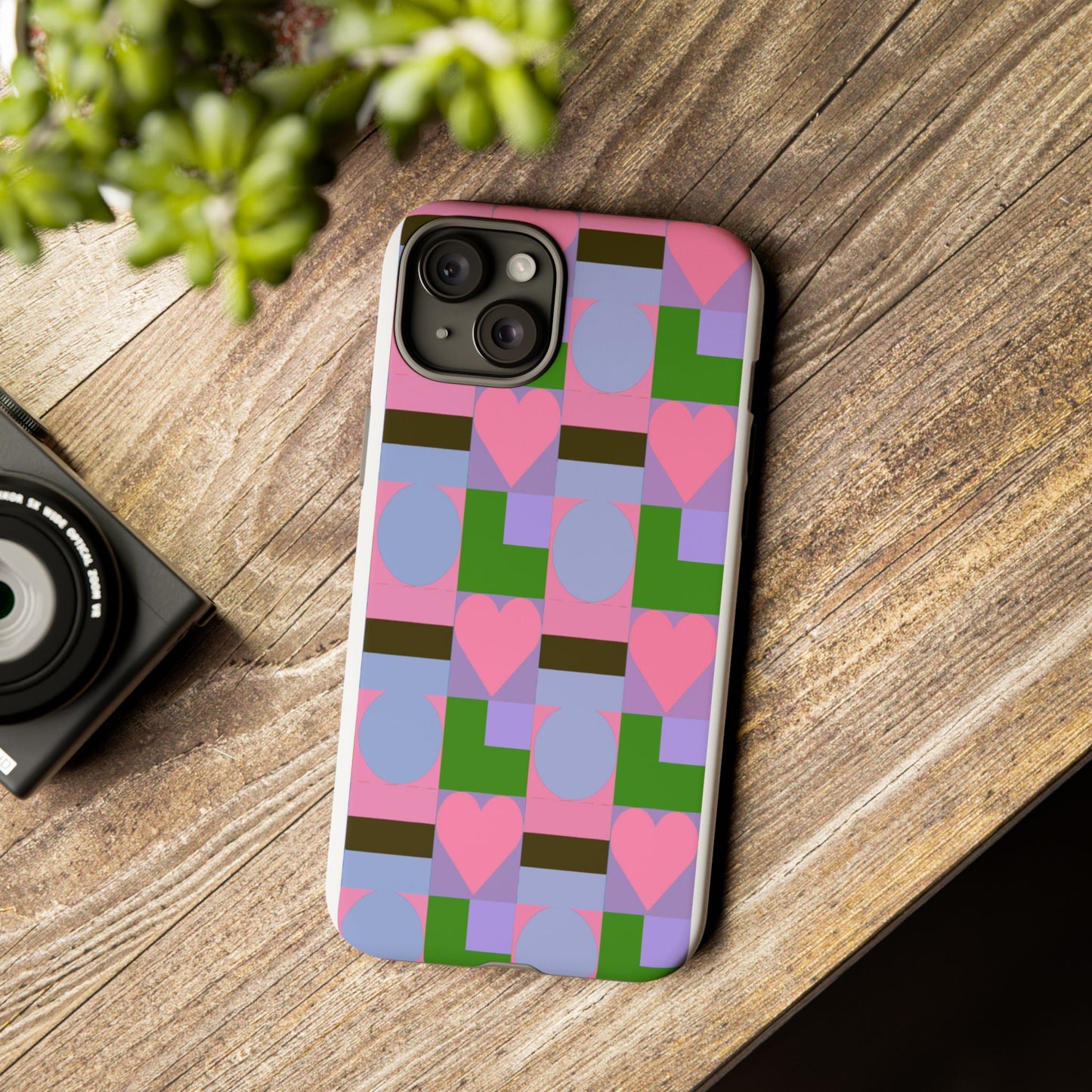 Geometric Heart Pattern Tough Phone Case — Pink & Lavender Protective Cover