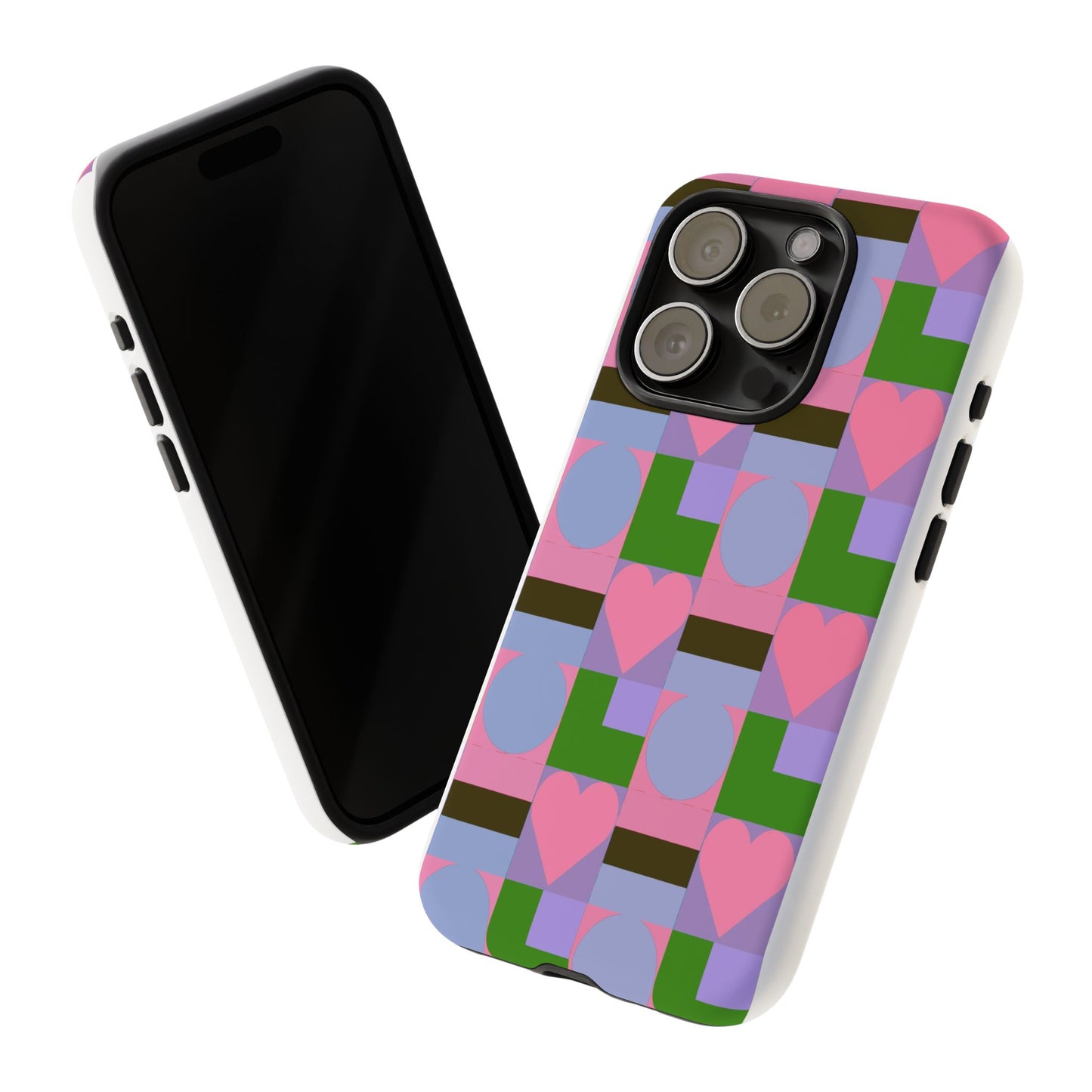 Geometric Heart Pattern Tough Phone Case — Pink & Lavender Protective Cover