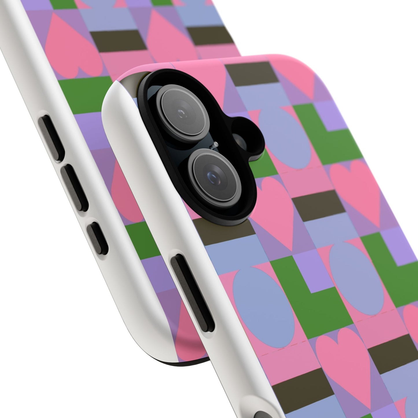 Geometric Heart Pattern Tough Phone Case — Pink & Lavender Protective Cover