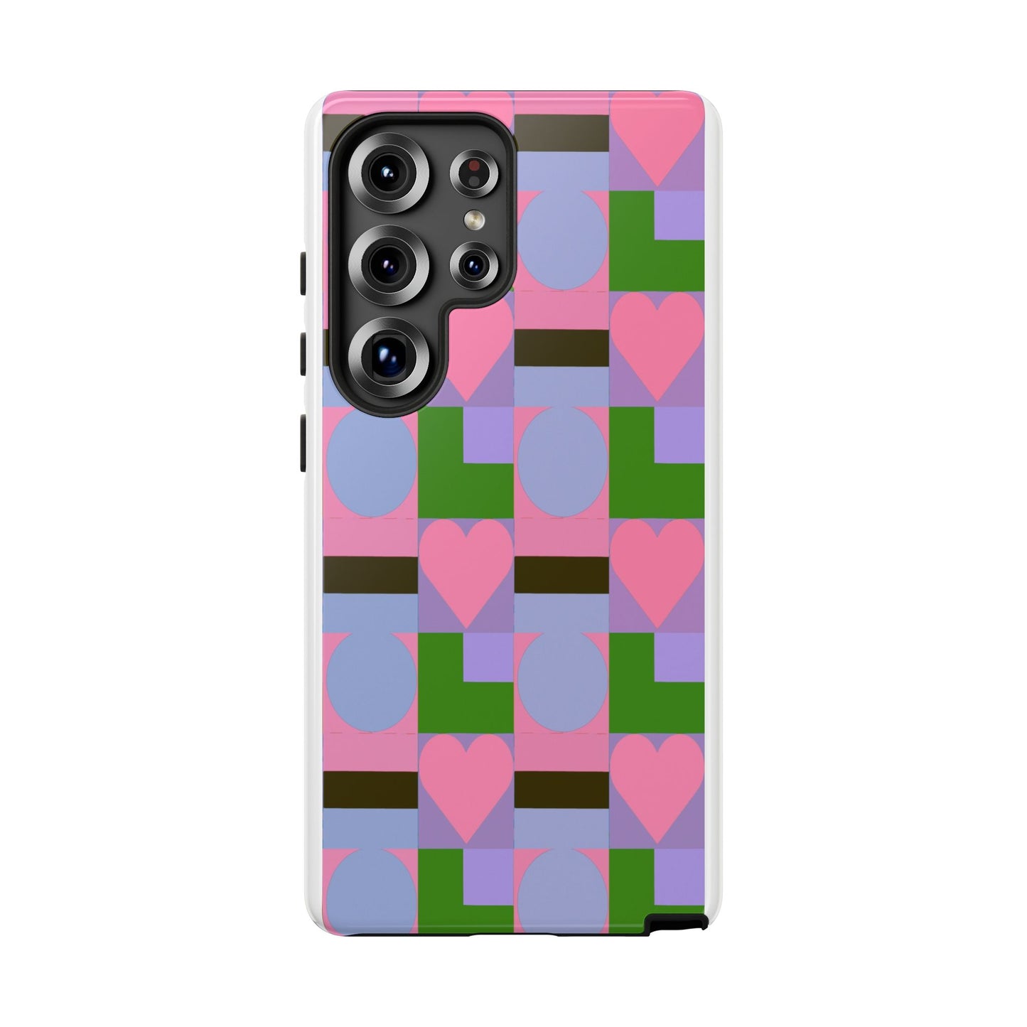 Geometric Heart Pattern Tough Phone Case — Pink & Lavender Protective Cover