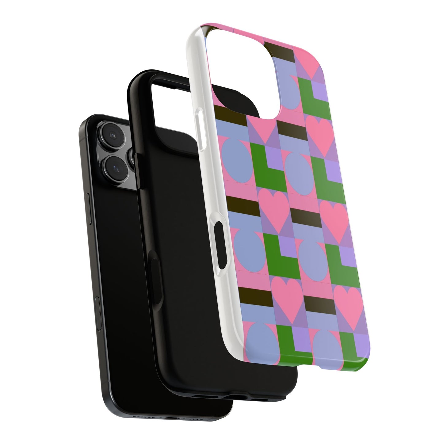 Geometric Heart Pattern Tough Phone Case — Pink & Lavender Protective Cover