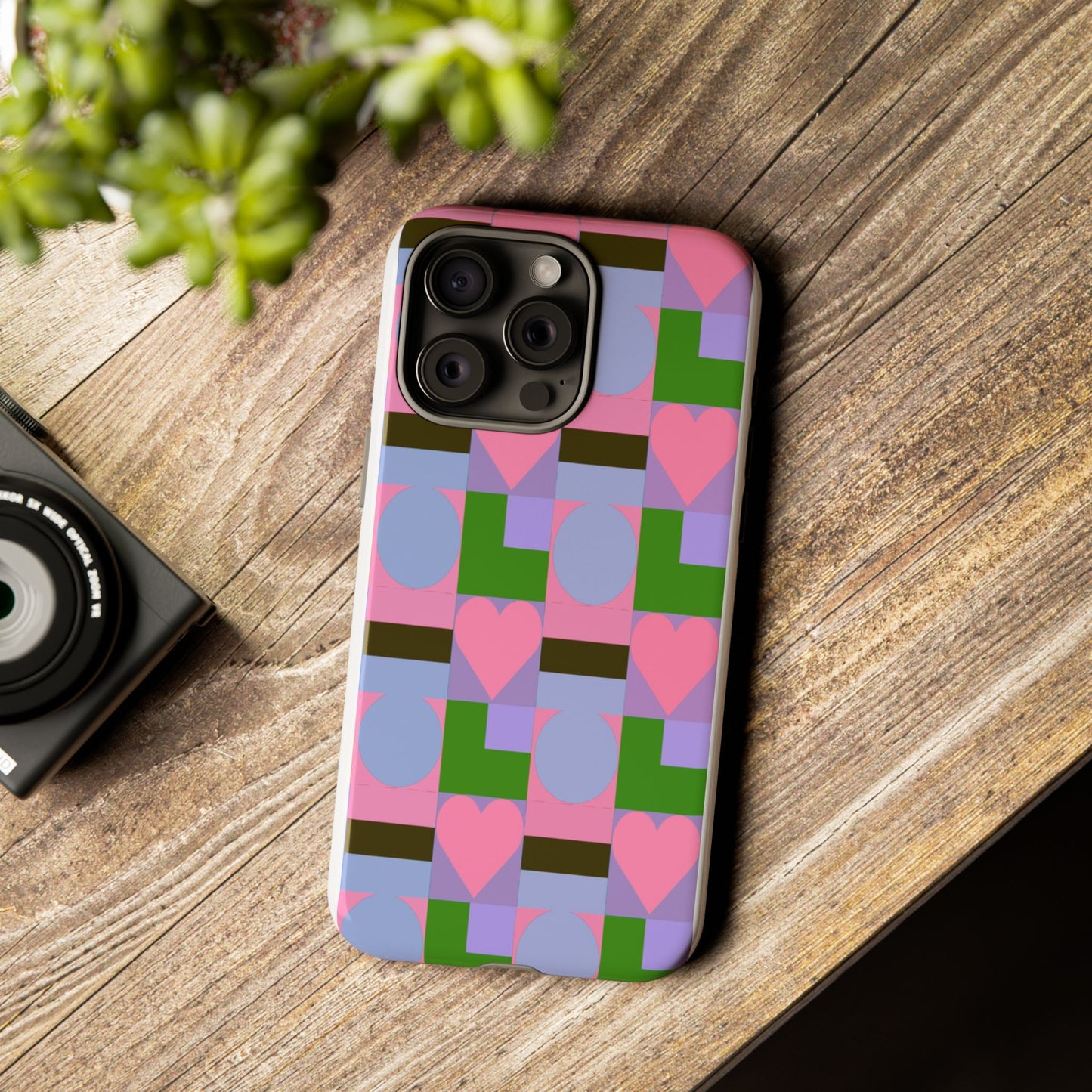 Geometric Heart Pattern Tough Phone Case — Pink & Lavender Protective Cover