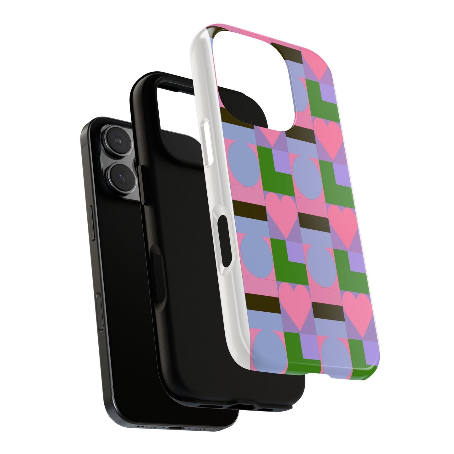 Geometric Heart Pattern Tough Phone Case — Pink & Lavender Protective Cover