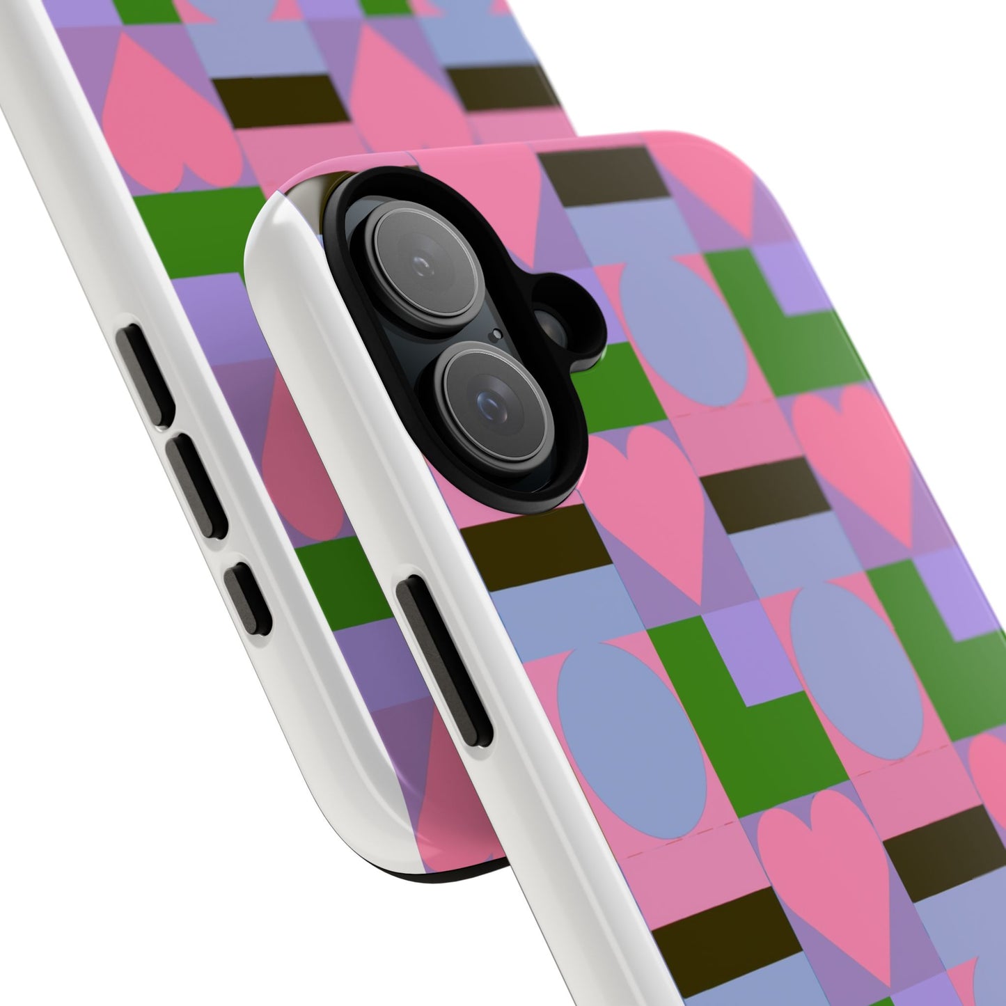 Geometric Heart Pattern Tough Phone Case — Pink & Lavender Protective Cover