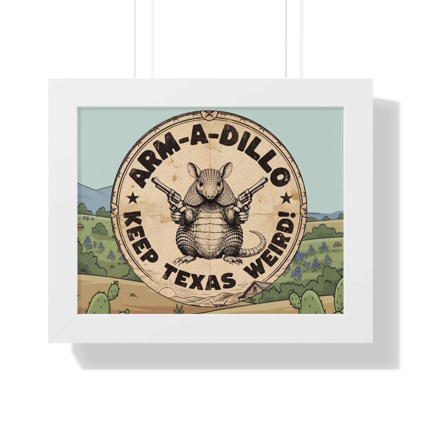 Framed 14x11 Armadillo Art Poster - "Arm-a-Dillo Keep Texas Weird" Vintage Texan Wall Art - Armed Armadillo  Whimsical Gift