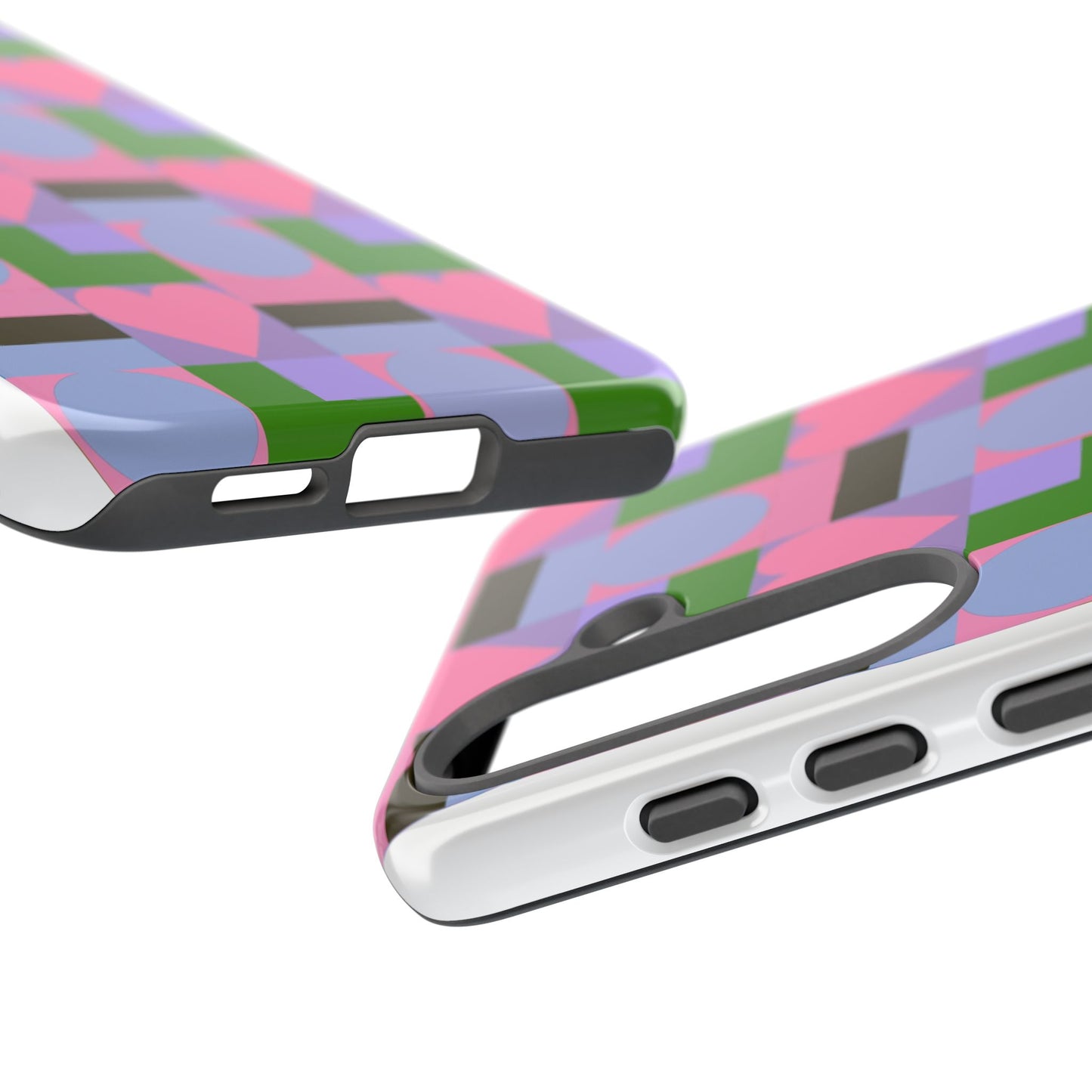 Geometric Heart Pattern Tough Phone Case — Pink & Lavender Protective Cover