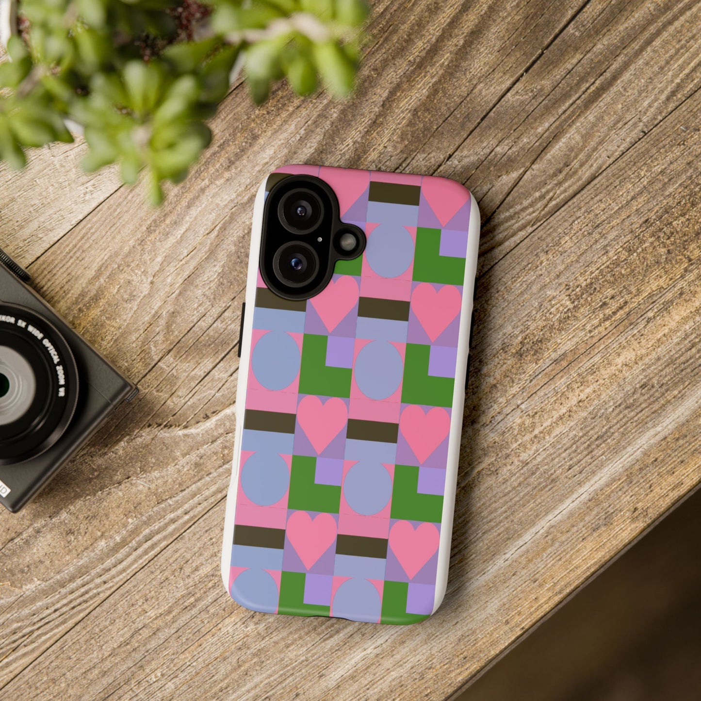 Geometric Heart Pattern Tough Phone Case — Pink & Lavender Protective Cover