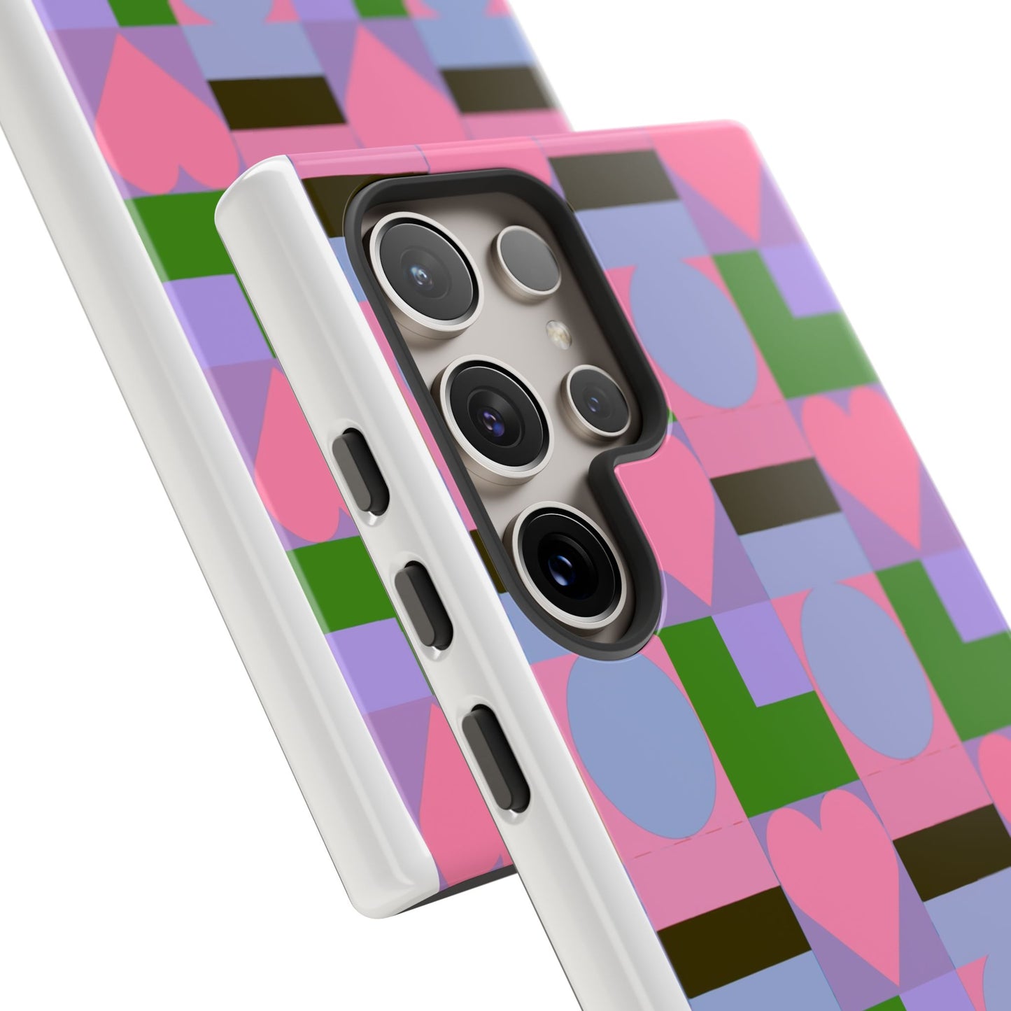 Geometric Heart Pattern Tough Phone Case — Pink & Lavender Protective Cover