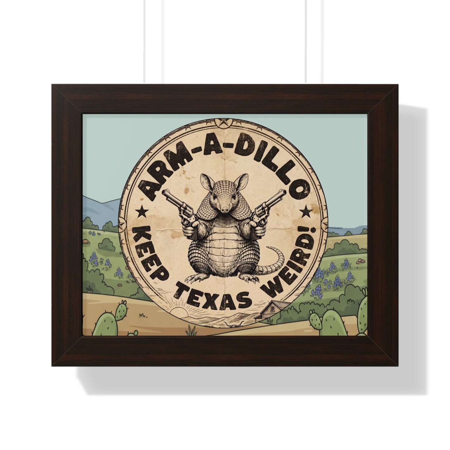 Framed 14x11 Armadillo Art Poster - "Arm-a-Dillo Keep Texas Weird" Vintage Texan Wall Art - Armed Armadillo  Whimsical Gift
