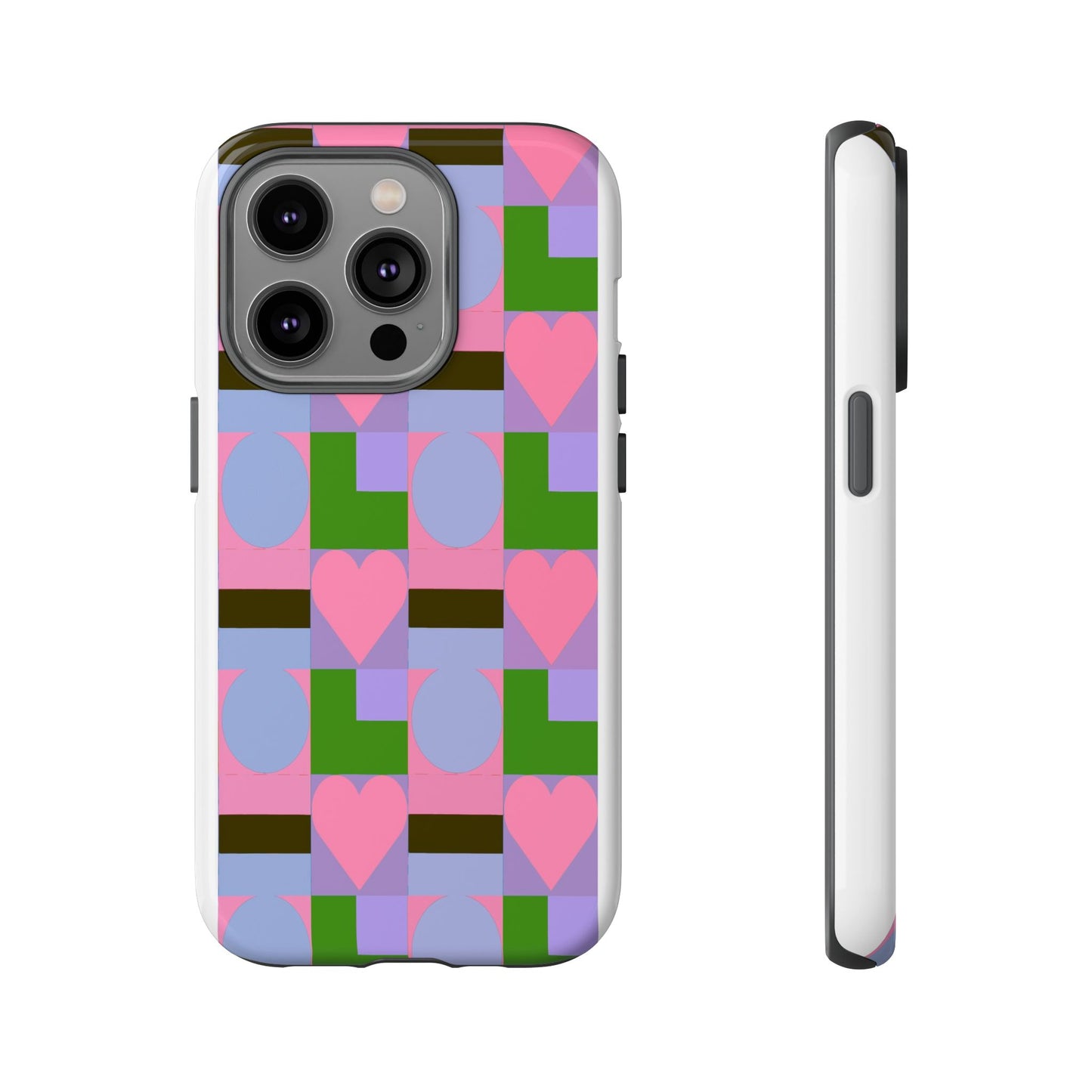 Geometric Heart Pattern Tough Phone Case — Pink & Lavender Protective Cover