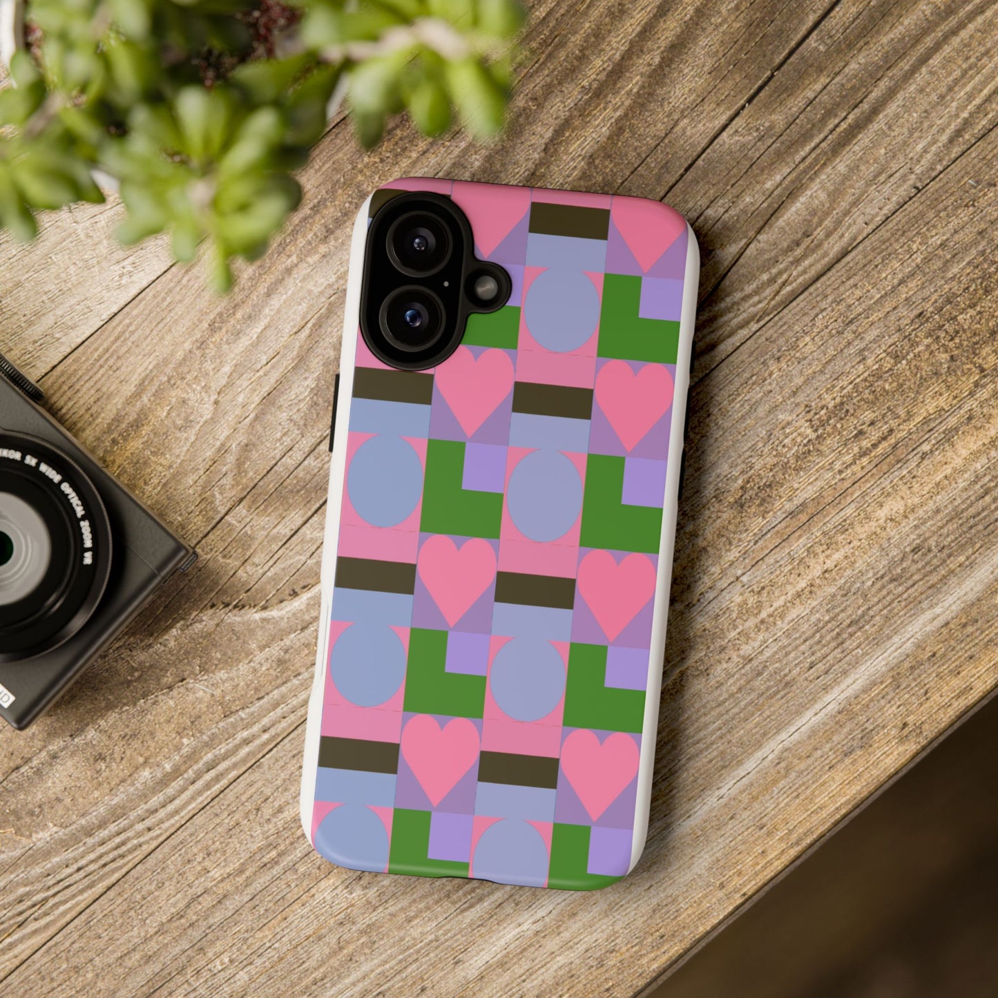 Geometric Heart Pattern Tough Phone Case — Pink & Lavender Protective Cover
