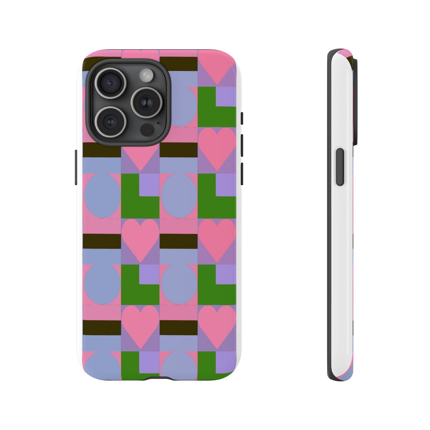 Geometric Heart Pattern Tough Phone Case — Pink & Lavender Protective Cover