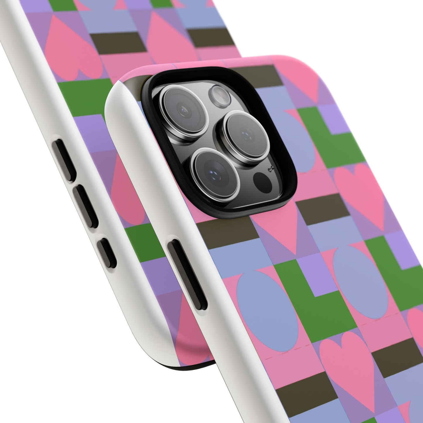 Geometric Heart Pattern Tough Phone Case — Pink & Lavender Protective Cover