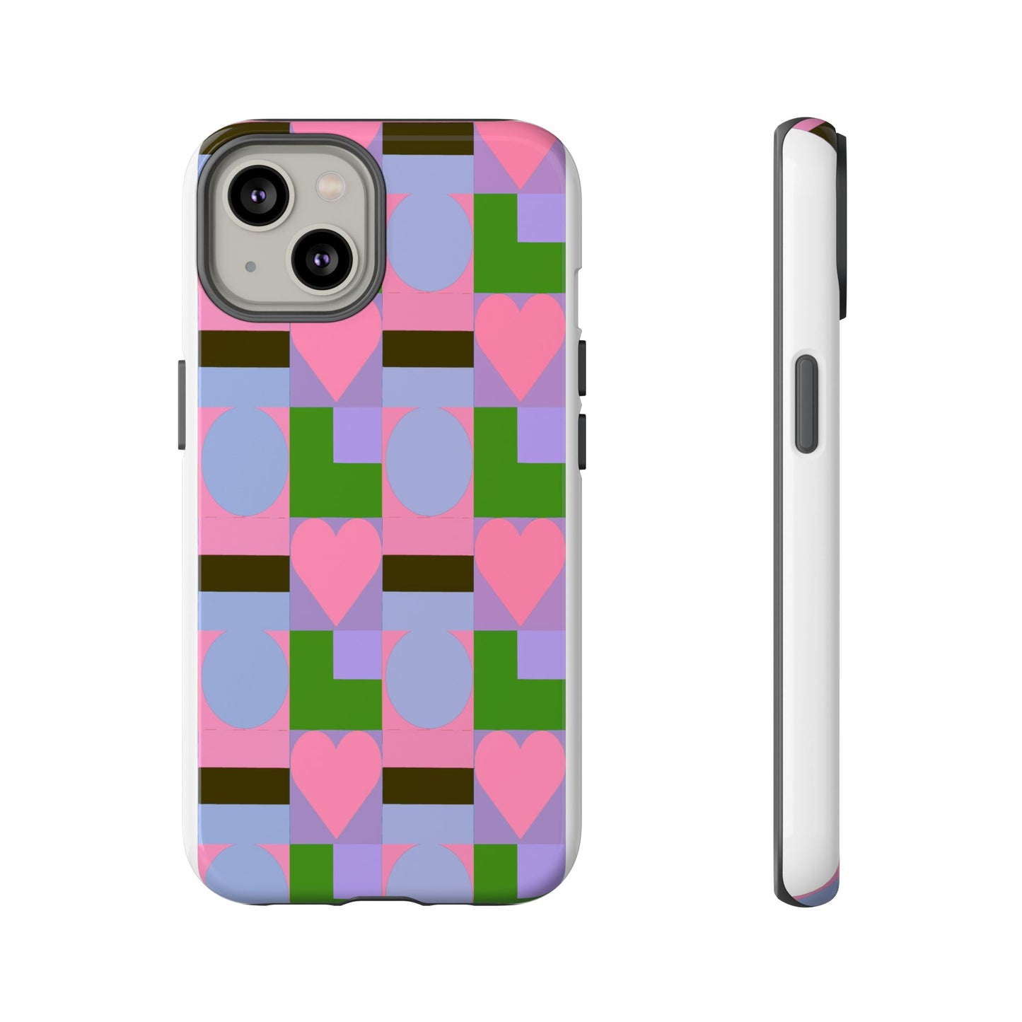 Geometric Heart Pattern Tough Phone Case — Pink & Lavender Protective Cover