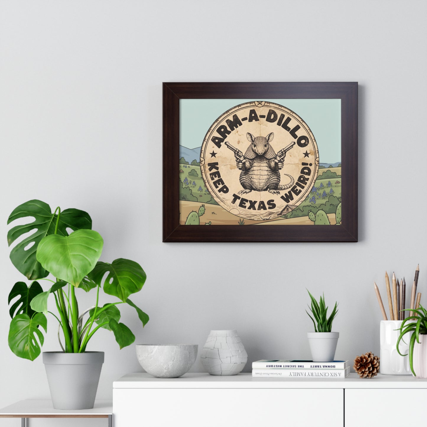 Framed 14x11 Armadillo Art Poster - "Arm-a-Dillo Keep Texas Weird" Vintage Texan Wall Art - Armed Armadillo  Whimsical Gift
