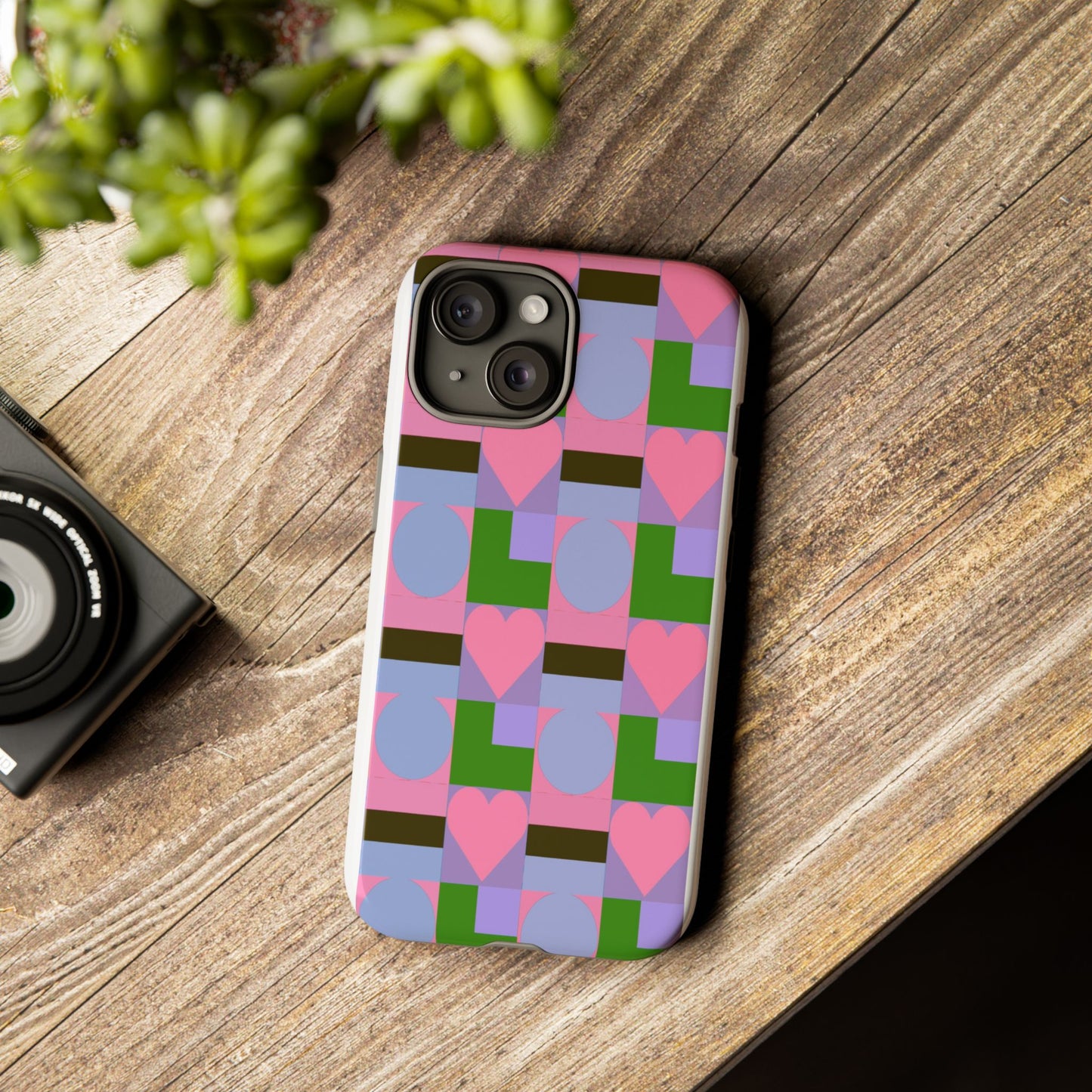 Geometric Heart Pattern Tough Phone Case — Pink & Lavender Protective Cover