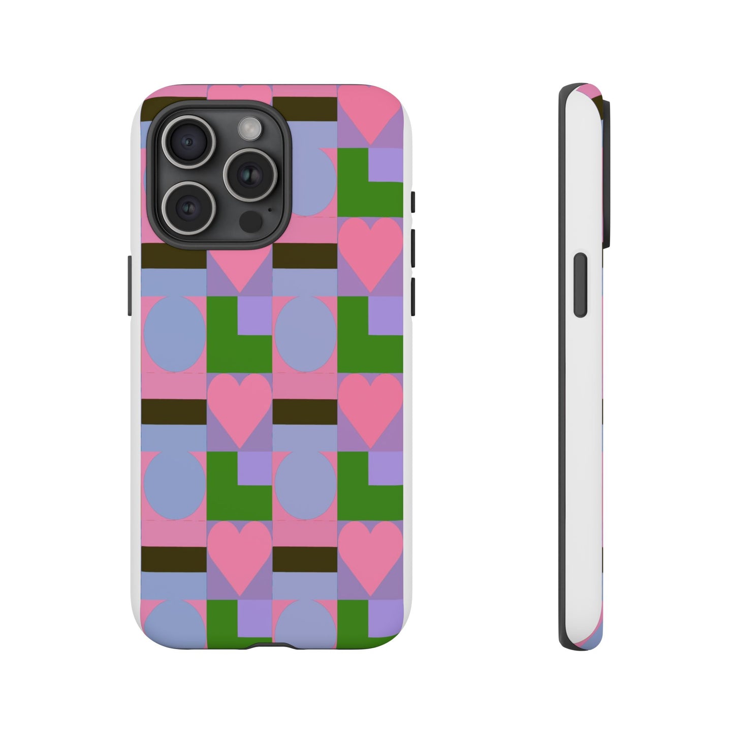 Geometric Heart Pattern Tough Phone Case — Pink & Lavender Protective Cover