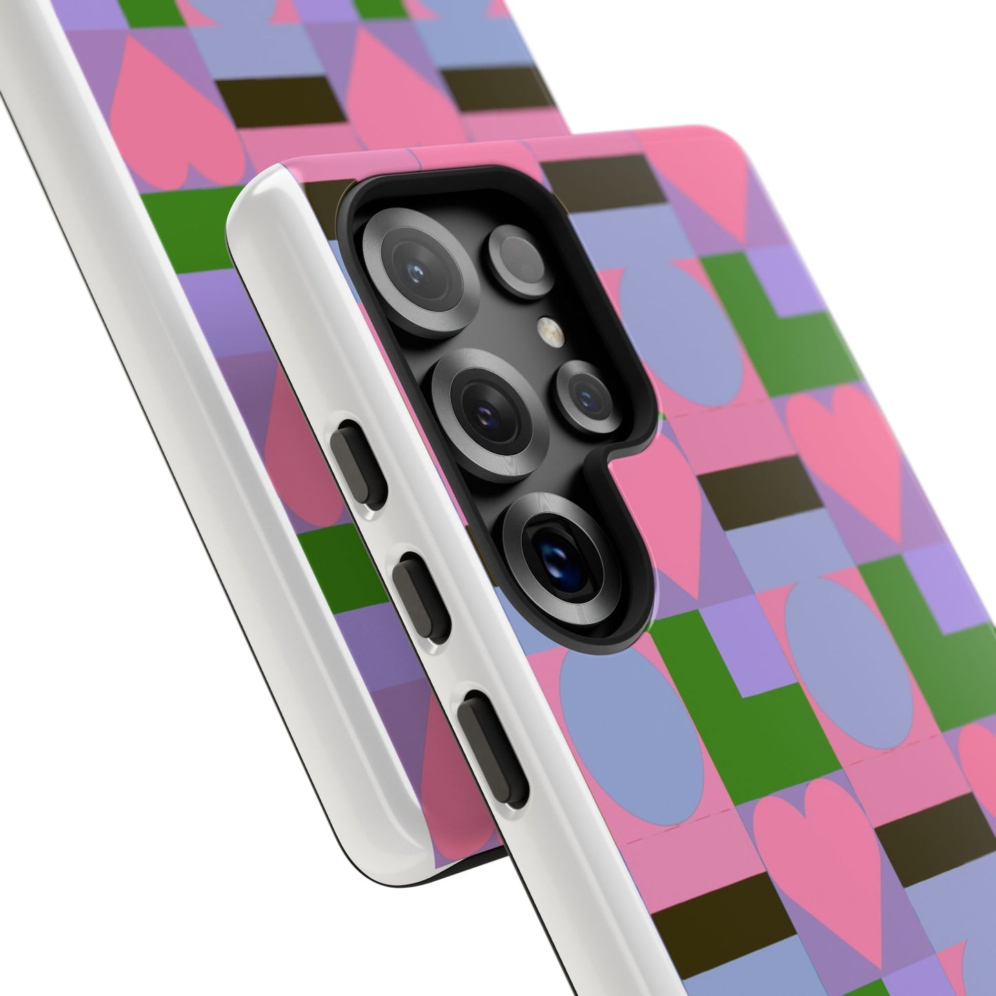 Geometric Heart Pattern Tough Phone Case — Pink & Lavender Protective Cover