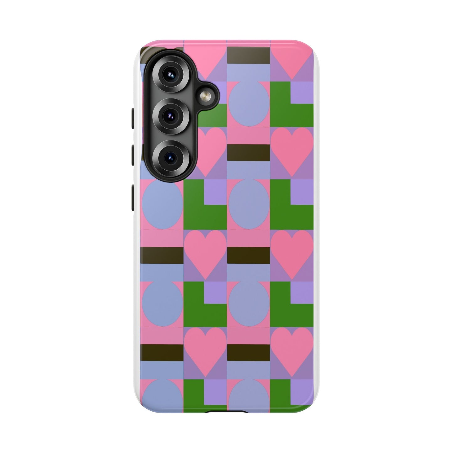 Geometric Heart Pattern Tough Phone Case — Pink & Lavender Protective Cover
