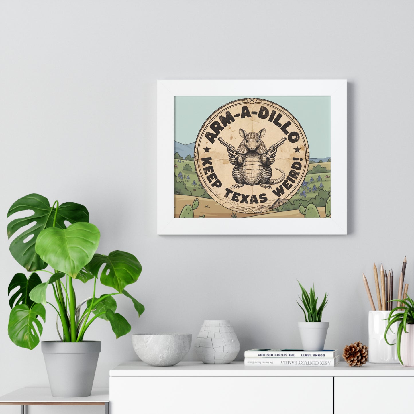 Framed 14x11 Armadillo Art Poster - "Arm-a-Dillo Keep Texas Weird" Vintage Texan Wall Art - Armed Armadillo  Whimsical Gift