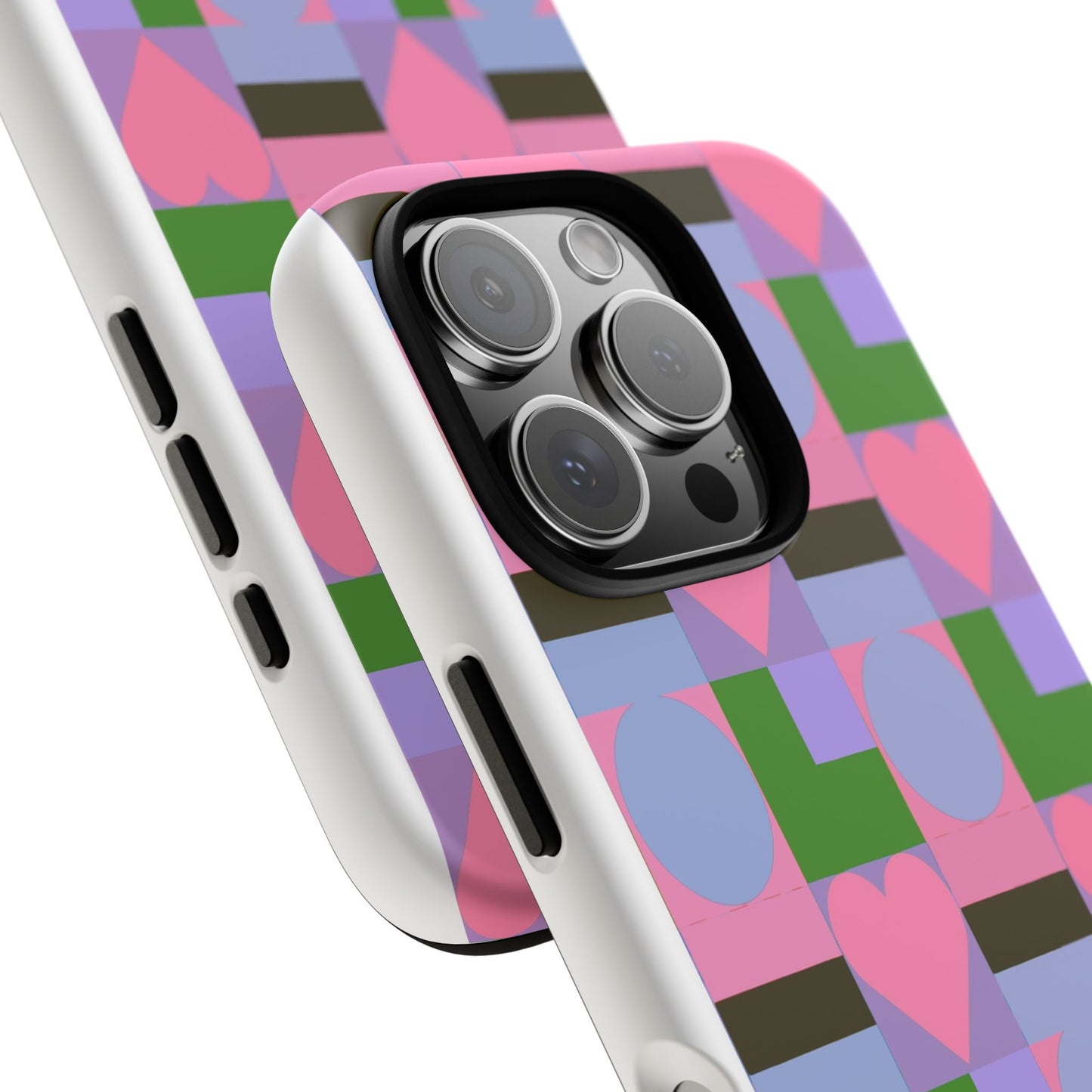 Geometric Heart Pattern Tough Phone Case — Pink & Lavender Protective Cover