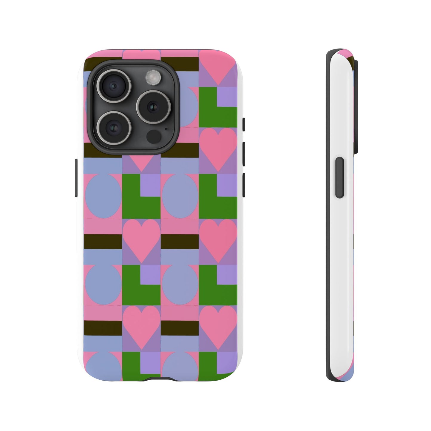 Geometric Heart Pattern Tough Phone Case — Pink & Lavender Protective Cover