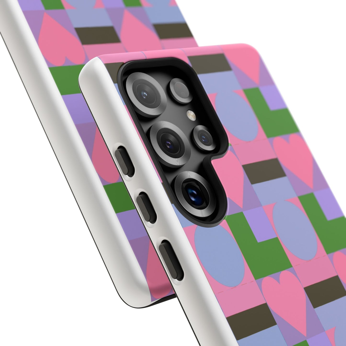 Geometric Heart Pattern Tough Phone Case — Pink & Lavender Protective Cover