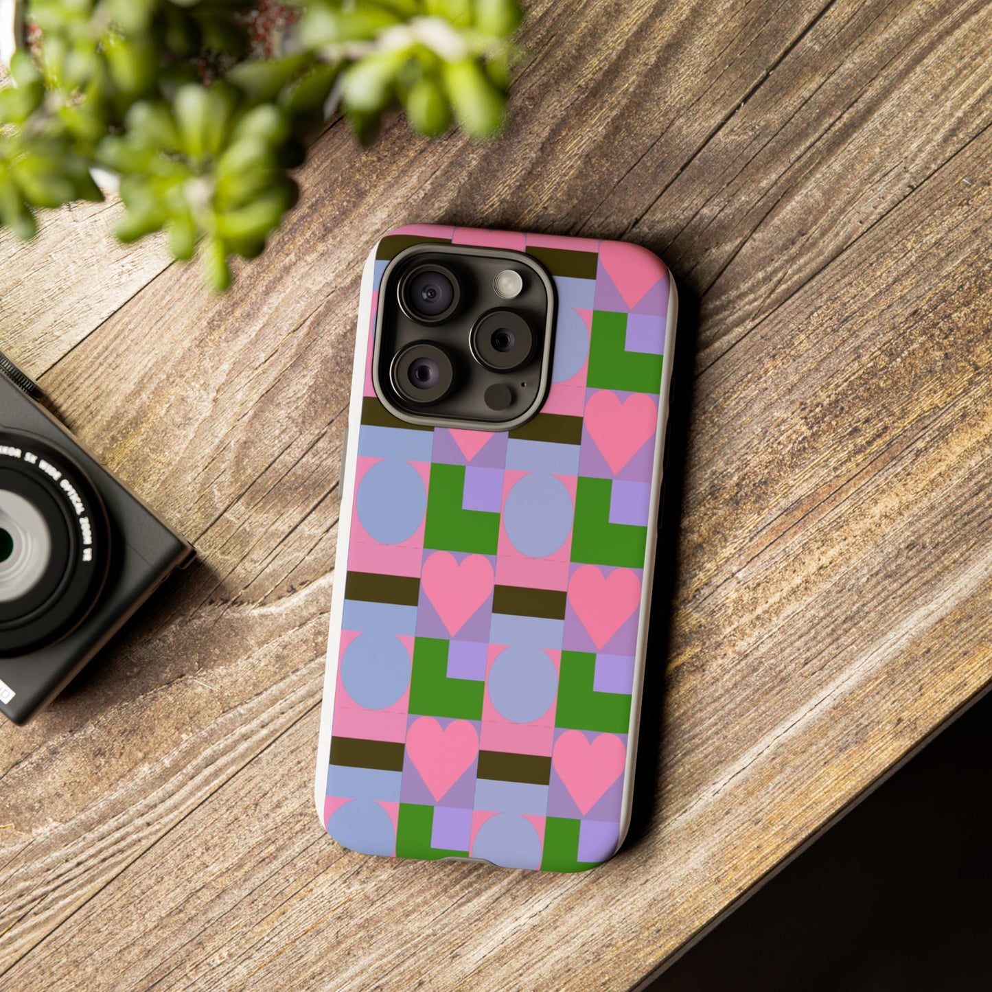 Geometric Heart Pattern Tough Phone Case — Pink & Lavender Protective Cover