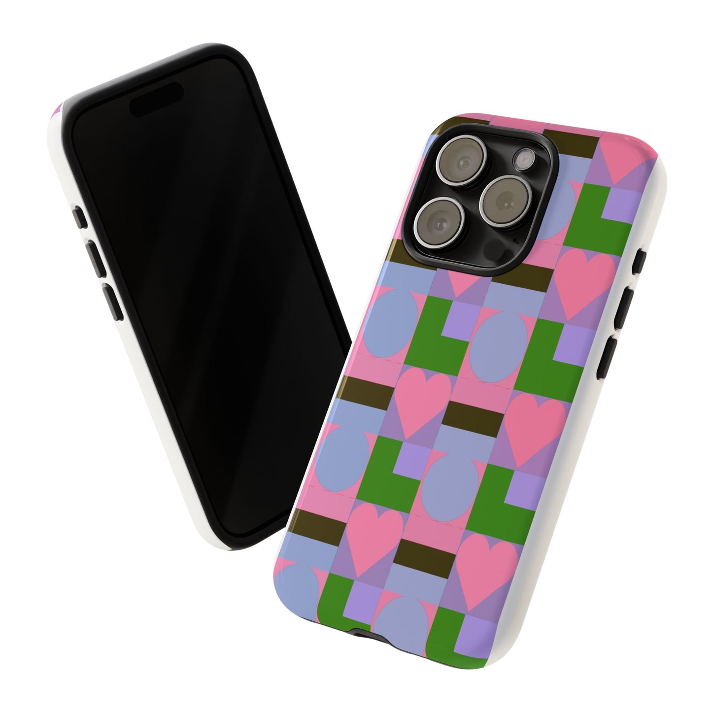 Geometric Heart Pattern Tough Phone Case — Pink & Lavender Protective Cover