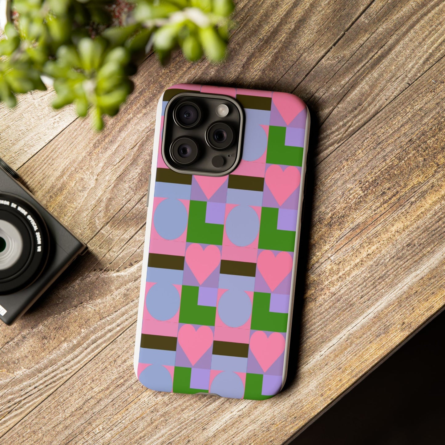 Geometric Heart Pattern Tough Phone Case — Pink & Lavender Protective Cover