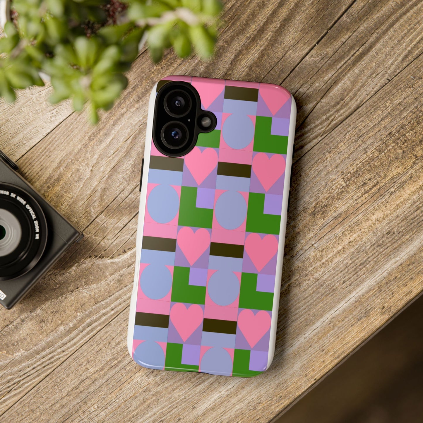 Geometric Heart Pattern Tough Phone Case — Pink & Lavender Protective Cover