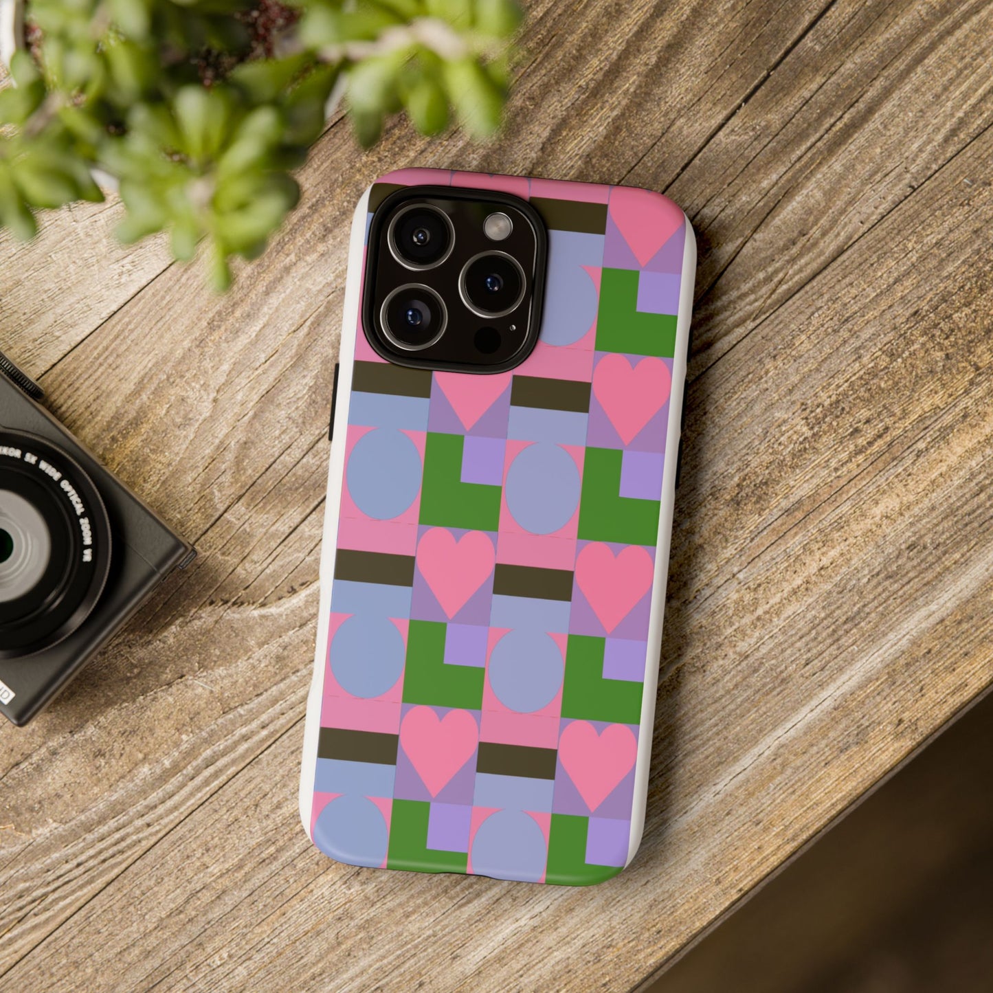 Geometric Heart Pattern Tough Phone Case — Pink & Lavender Protective Cover